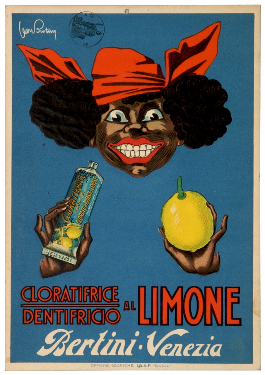 donna di colore sorridente mostra un tubetto di dentifricio e un limone (tabella) di Bottini Giovanni detto Buttin Jean (secondo quarto sec. XX)