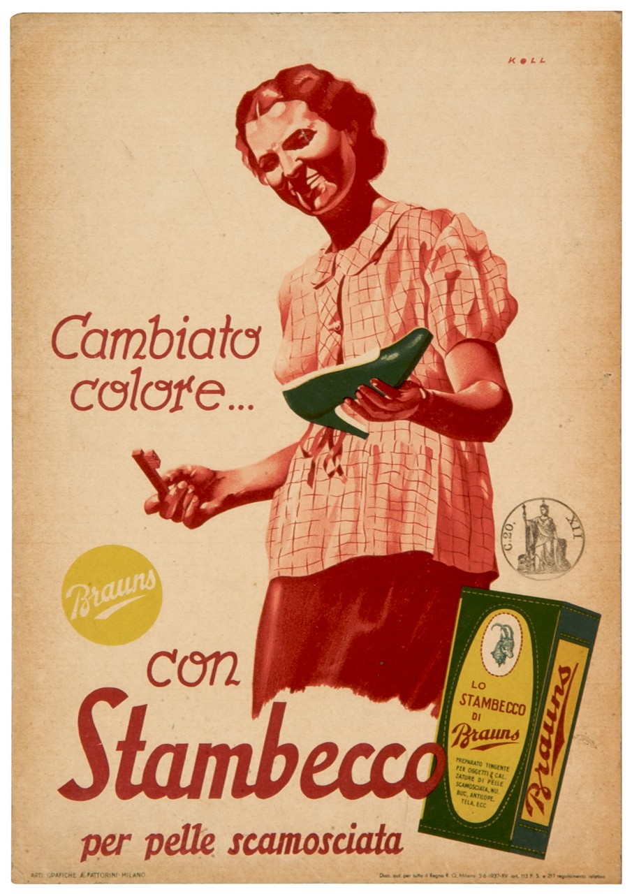 donna sorridente mostra una scarpa colorata e confezione del prodotto (locandina) di Koll Magdalena (sec. XX)