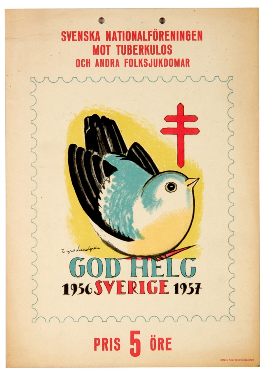 francobollo antitubercolare con uccello e croce di Lorena (locandina) di Lundgren Tyra (sec. XX)
