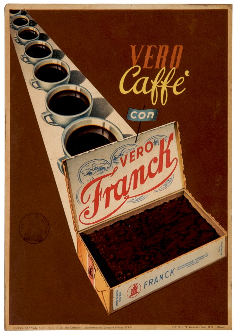 confezione di surrogato di caffè in polvere e fila di tazzine di caffè (locandina) di Cavadini Alfredo (sec. XX)