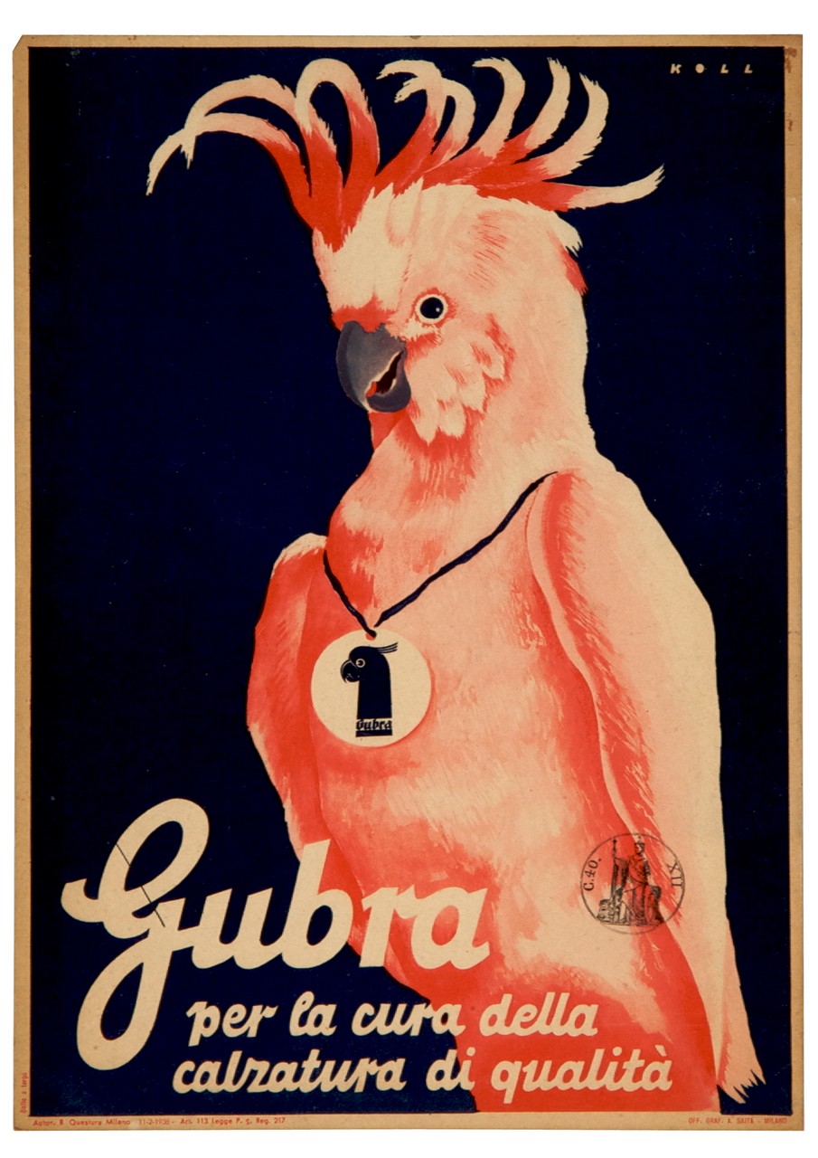 pappagallo con pendaglio raffigurante il marchio di fabbrica (locandina) di Koll Magdalena (sec. XX)