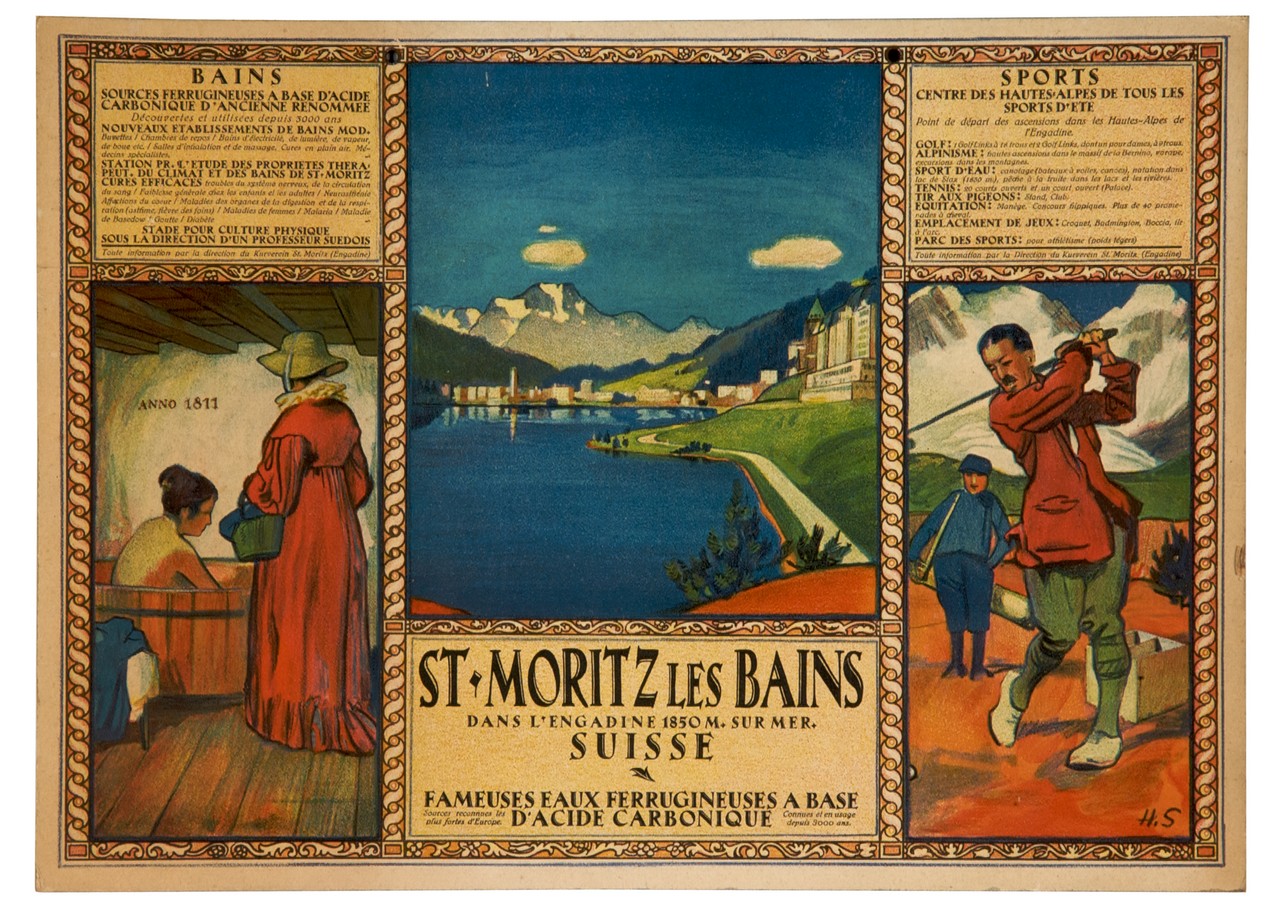 tre scene entro cornice con donna al bagno, paesaggio alpino e giocatore di golf (locandina) - ambito svizzero (fine/ inizio secc. XIX/ XX)