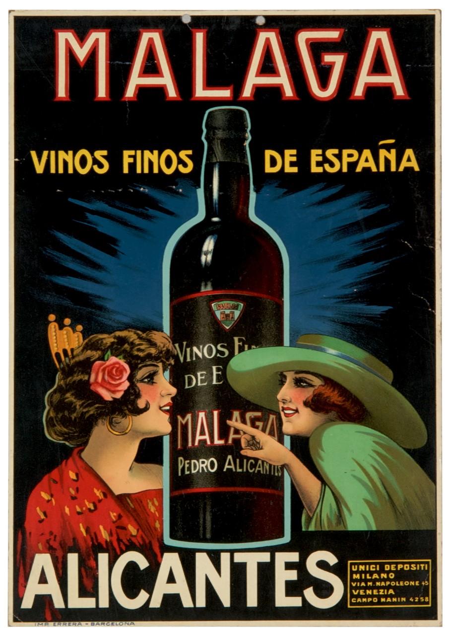 donna sorridente indica una bottiglia di vino rivolta ad una donna in abito tradizionale spagnolo (locandina) - ambito spagnolo (sec. XX)