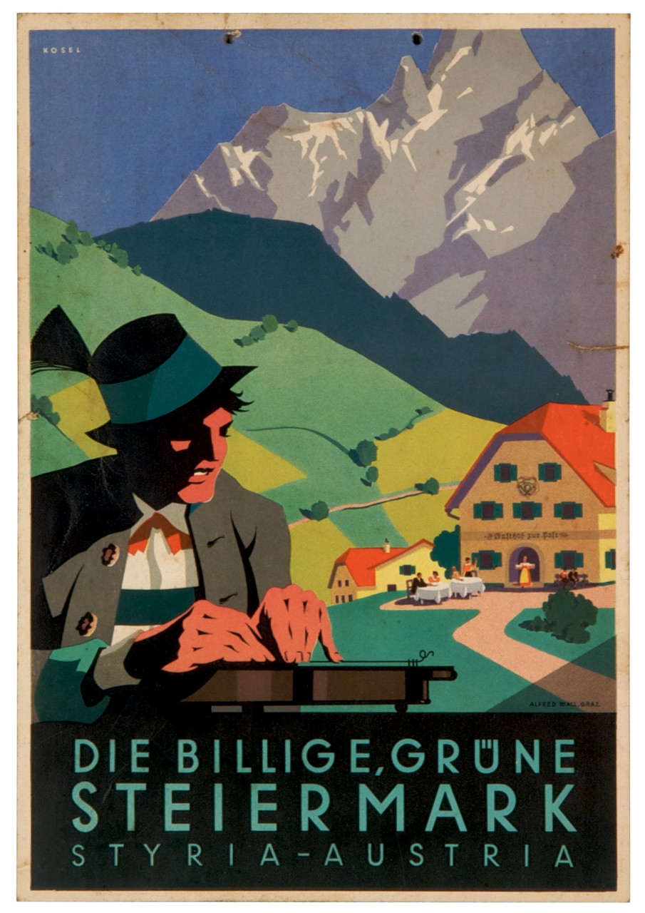 suonatore in abito tradizionale sullo sfondo di una locanda alpina (locandina) di Kosel Hermann (sec. XX)