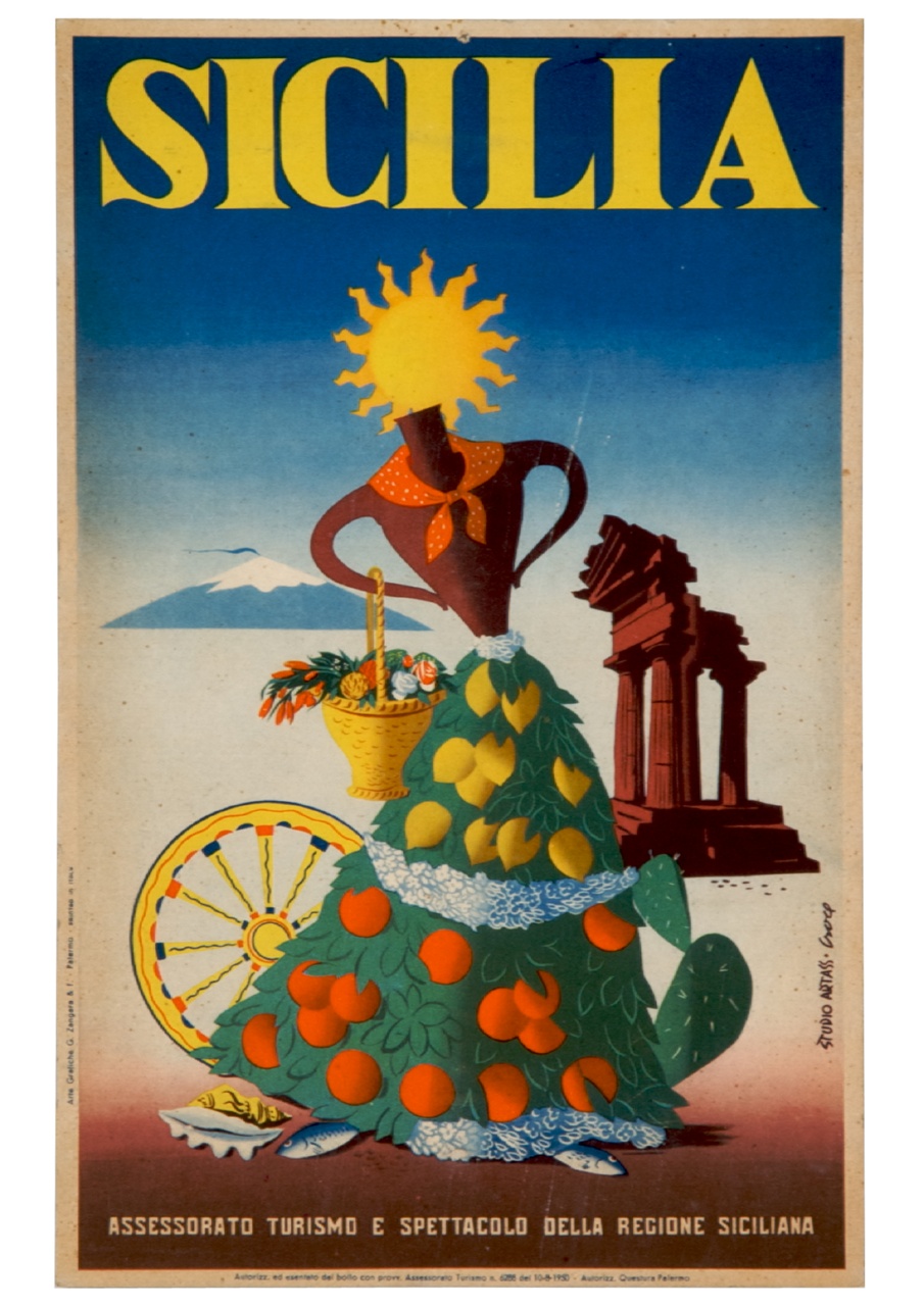 elementi naturali e archeologici delineano una figura di donna sullo sfondo delll'Etna (locandina) di Studio Artass Croce (sec. XX)