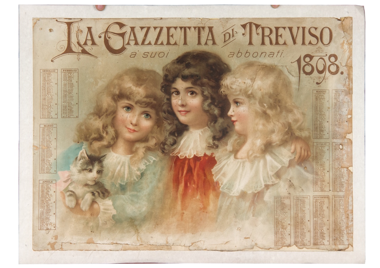 tre bambine abbracciate con un gatto (calendario) - ambito veneto (sec. XIX)