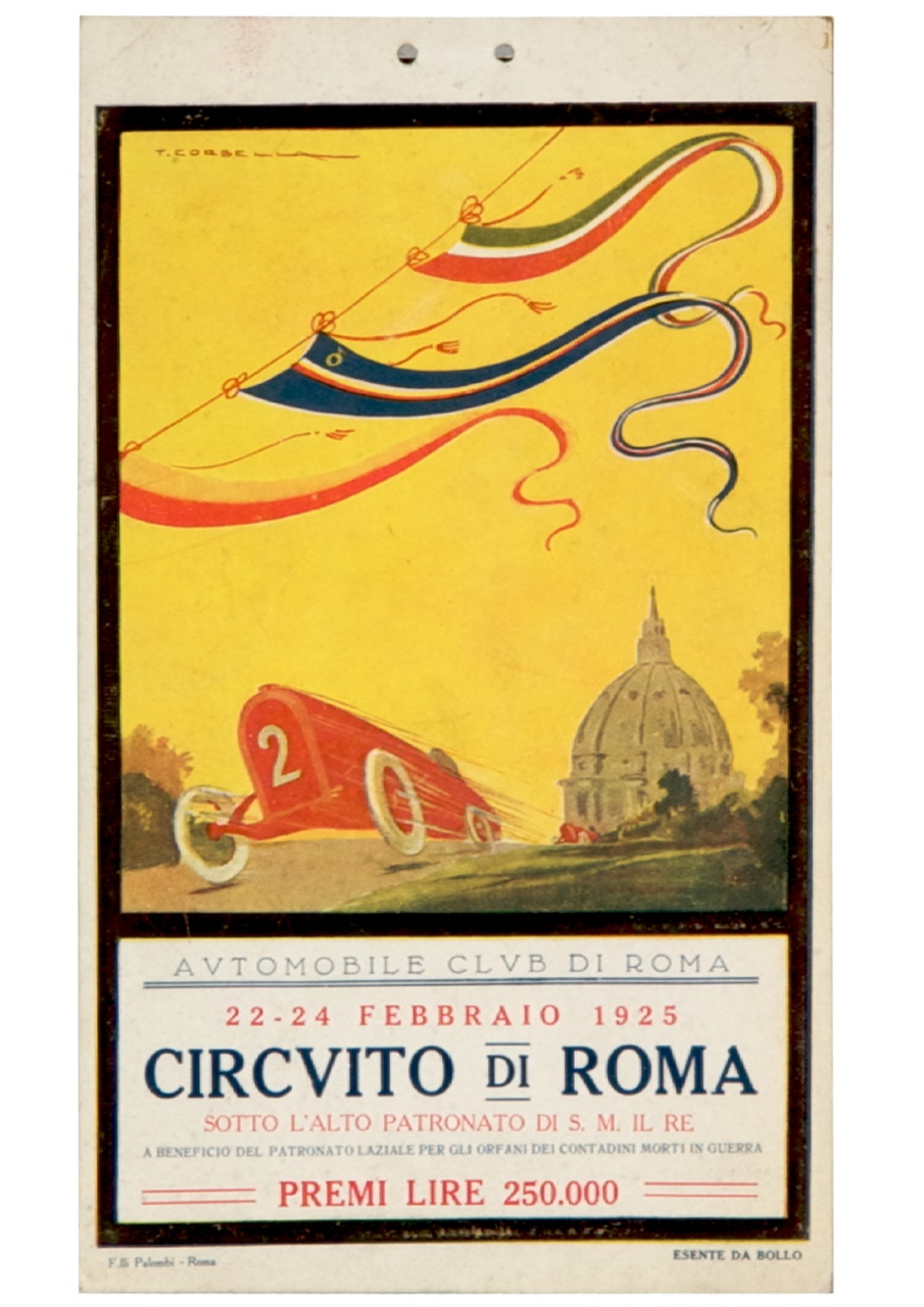 auto da corsa sfreccia sullo sfondo della cupola di San Pietro (locandina) di Corbella Tito (sec. XX)