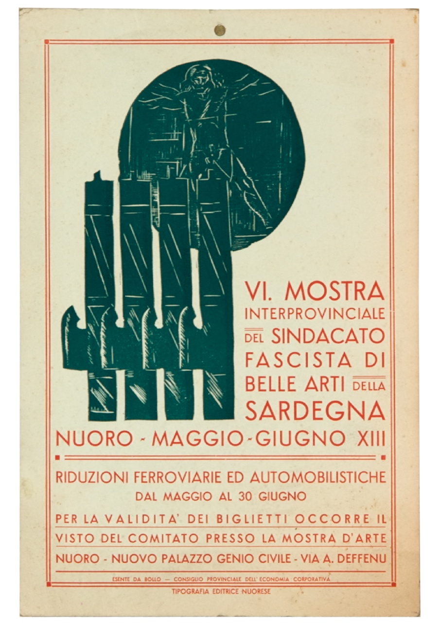 uomo vitruviano e fasci littori (locandina) di Nivola Costantino (sec. XX)
