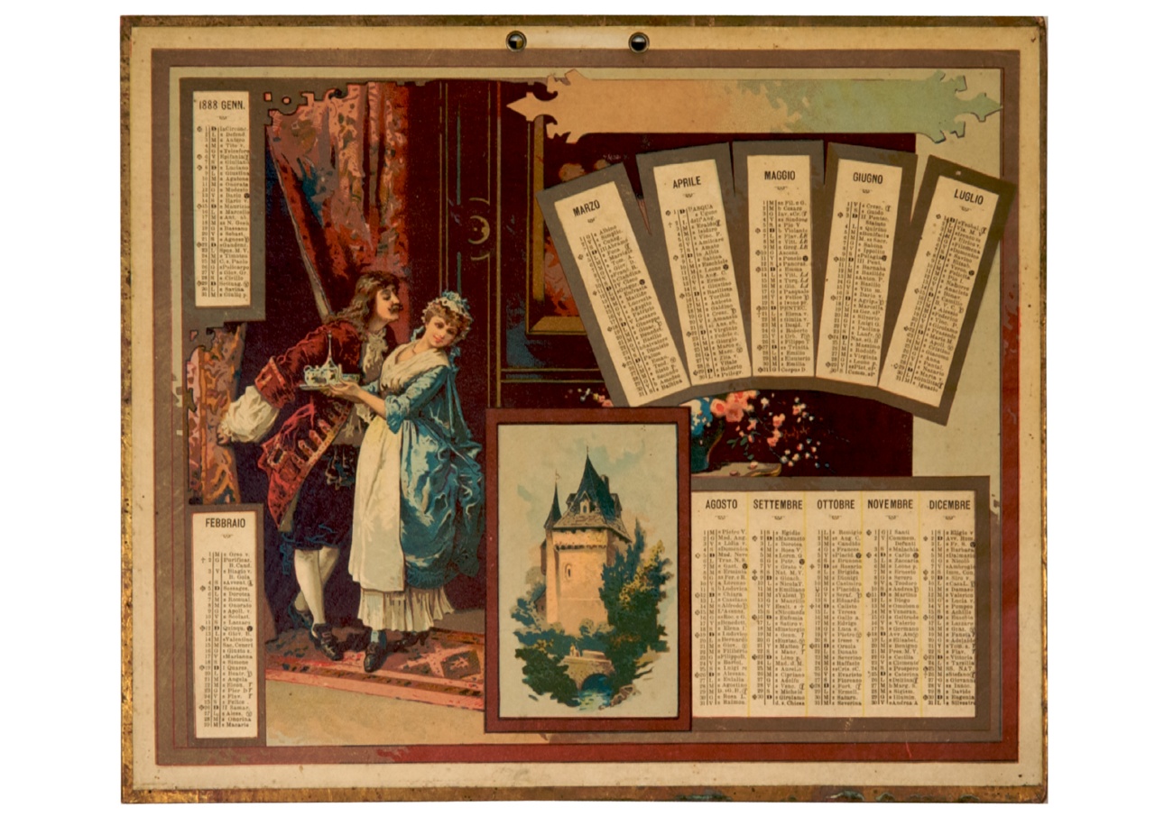 uomo proteso maliziosamente verso una cameriera e veduta di castello (calendario) - ambito italiano (sec. XIX)