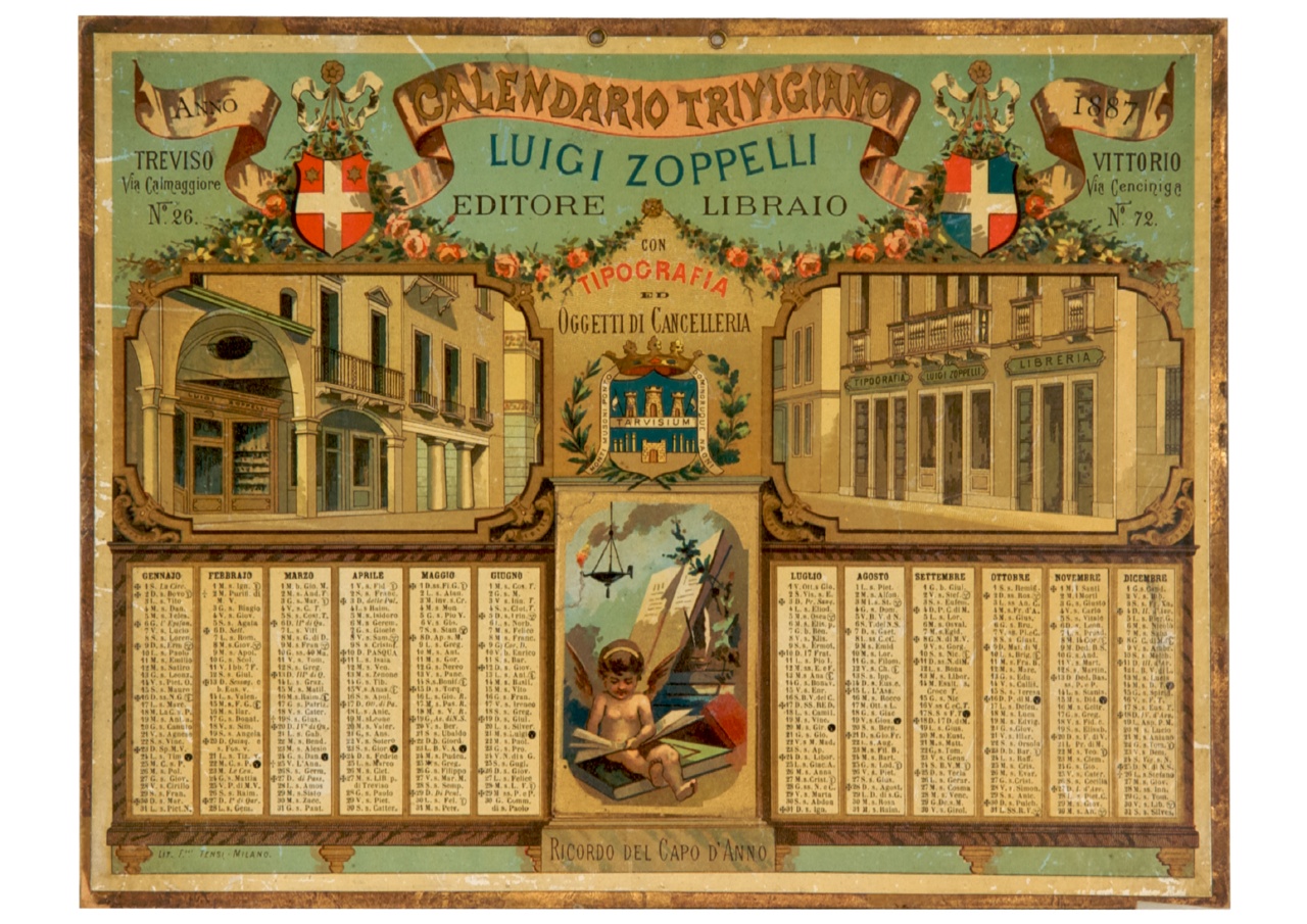 amorino intento alla lettura e vedute dei negozi Zoppelli di Treviso e Vittorio Veneto (calendario) - ambito italiano (sec. XIX)