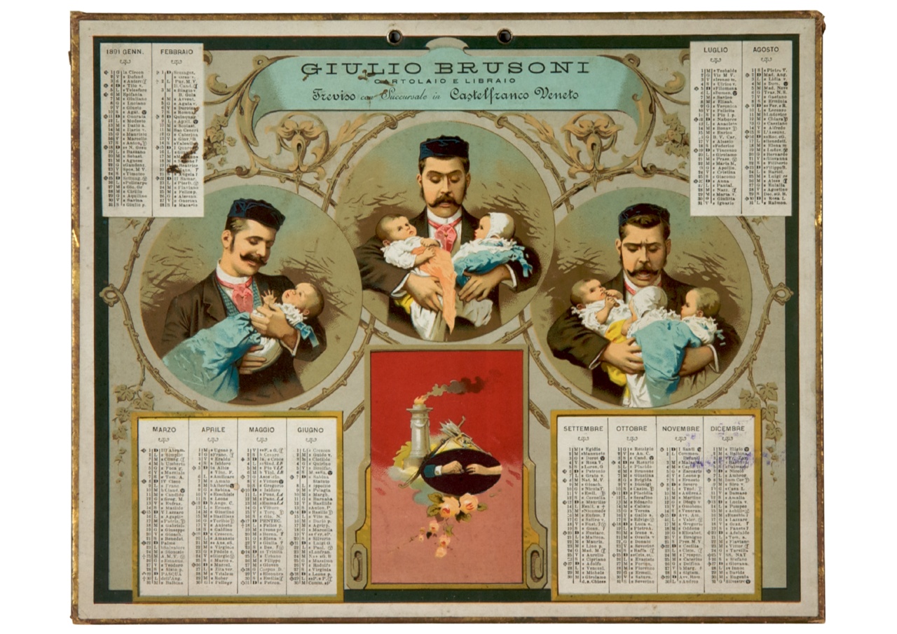 allegoria del matrimonio e uomo che cambia espressione alla crescita del numero dei figli (calendario) - ambito veneto (sec. XX)