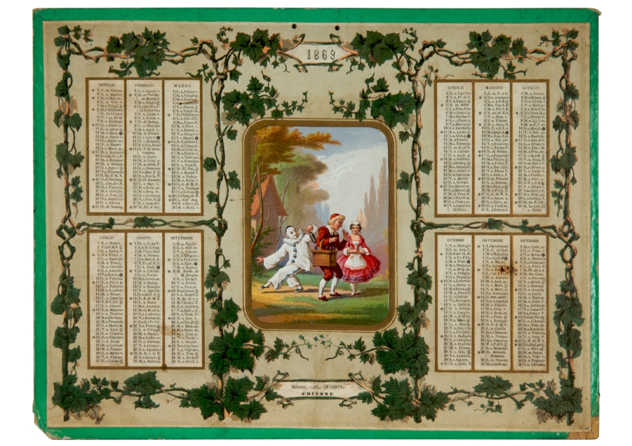 Pierrot ruba bottiglia di vino ad una coppia su uno sfondo boschivo e tralci di vite (calendario) - ambito italiano (sec. XIX)
