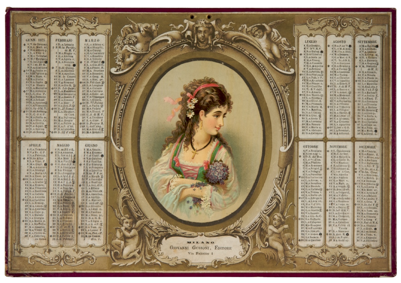 ritratto di donna con mazzo di violette entro cornice con putti (calendario) (sec. XIX)