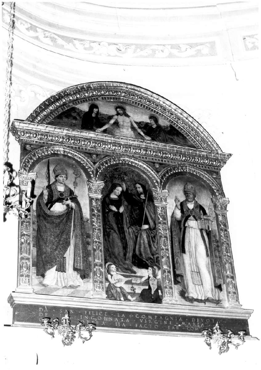 incoronazione di Maria Vergine, San Felice, San Geminiano, Cristo in Pietà tra la Madonna e San Giovanni Evangelista (polittico, opera isolata) di Loschi Bernardino (sec. XVI)