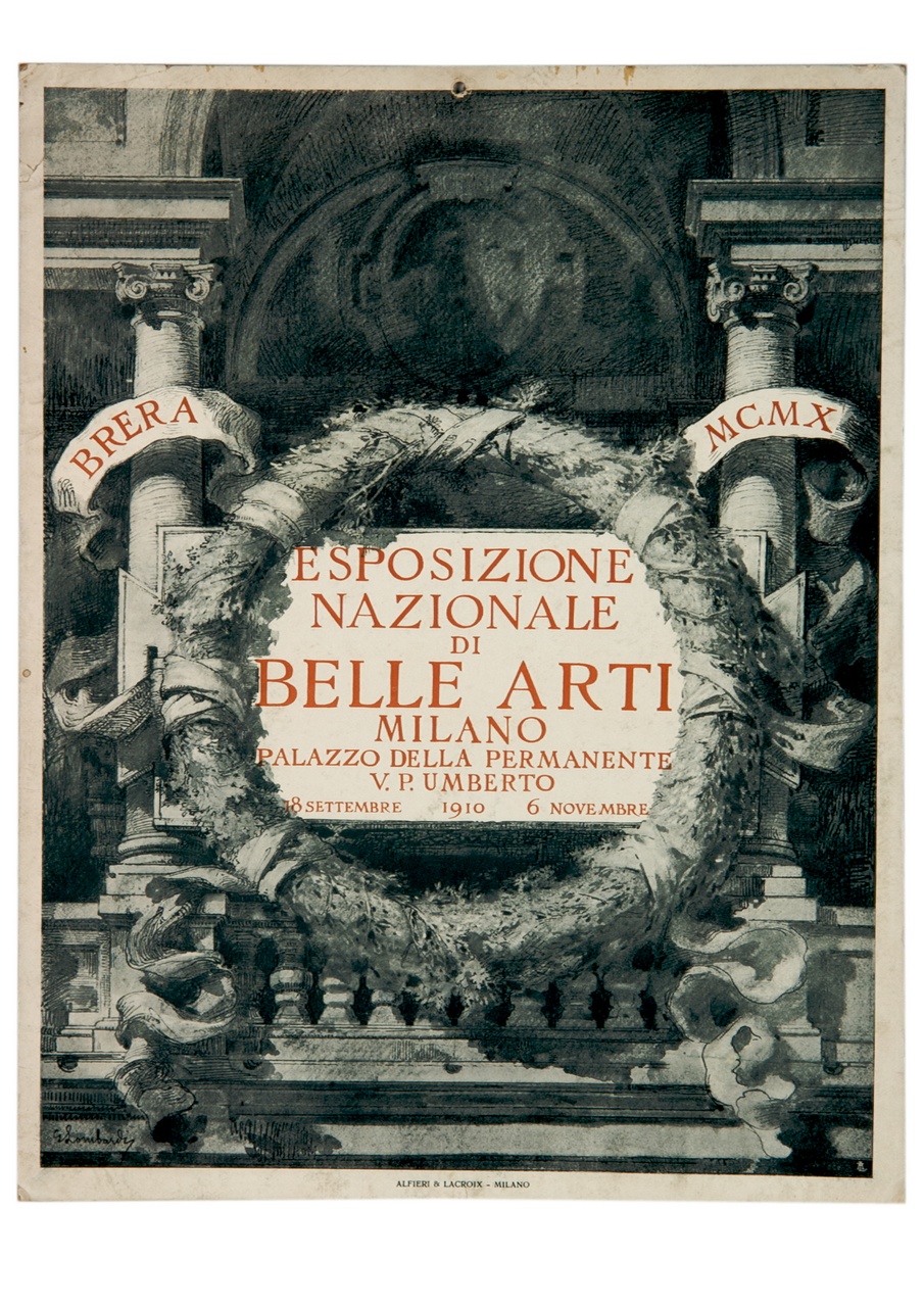 portico a serliana con targa iscritta circondata da una ghirlanda e nastri (locandina) di Lombardi E (sec. XX)