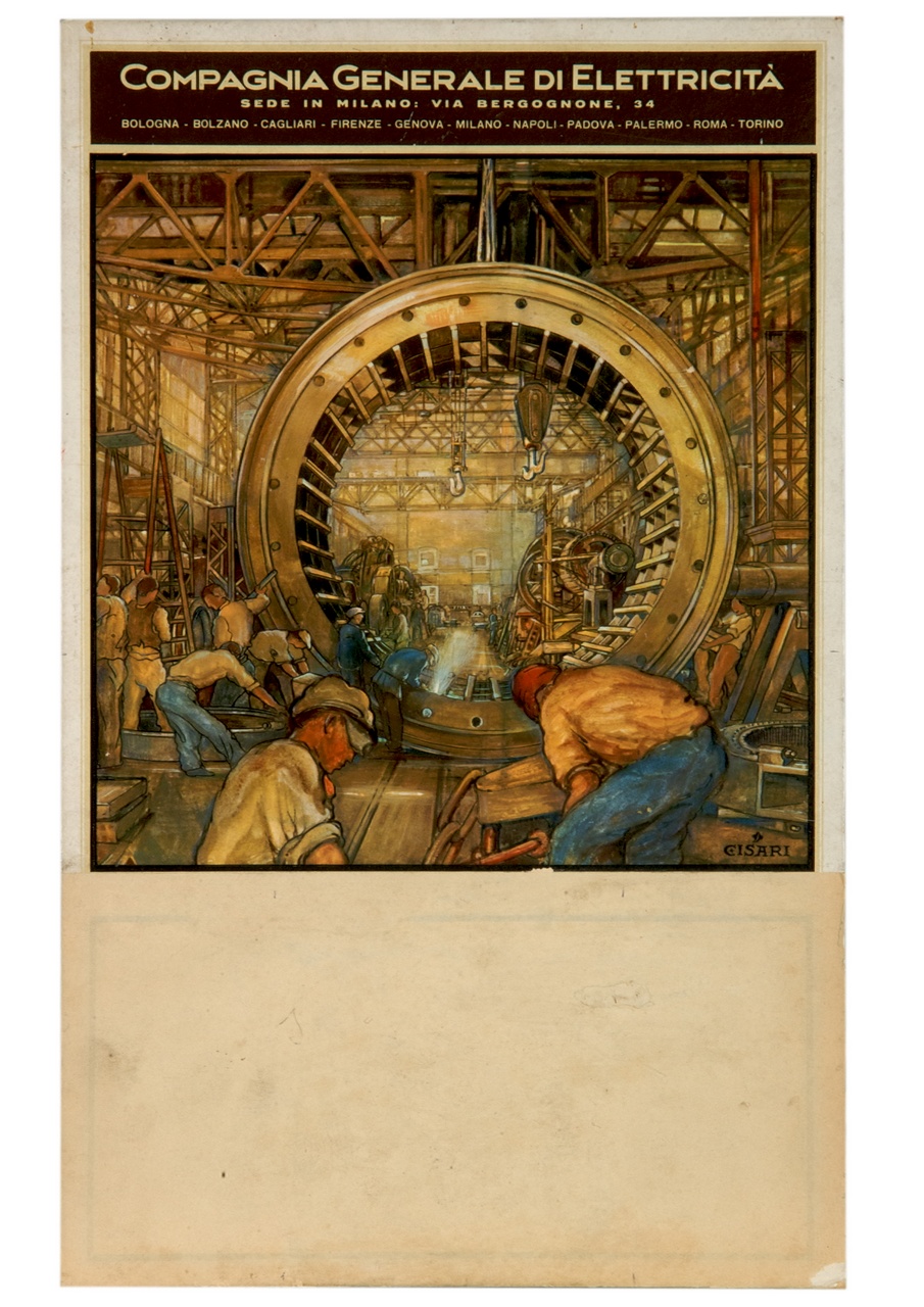 operai in fabbrica (locandina) di Cisari Giulio (sec. XX)