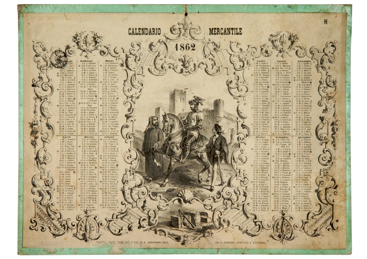 cavaliere accompagnato da frate e scudiero all'uscita di una fortezza (calendario) - ambito italiano (sec. XIX)