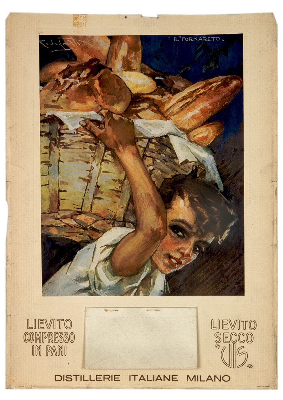 ragazzo con cesta di pane sulle spalle (calendario) di Codognato Plinio (sec. XX)
