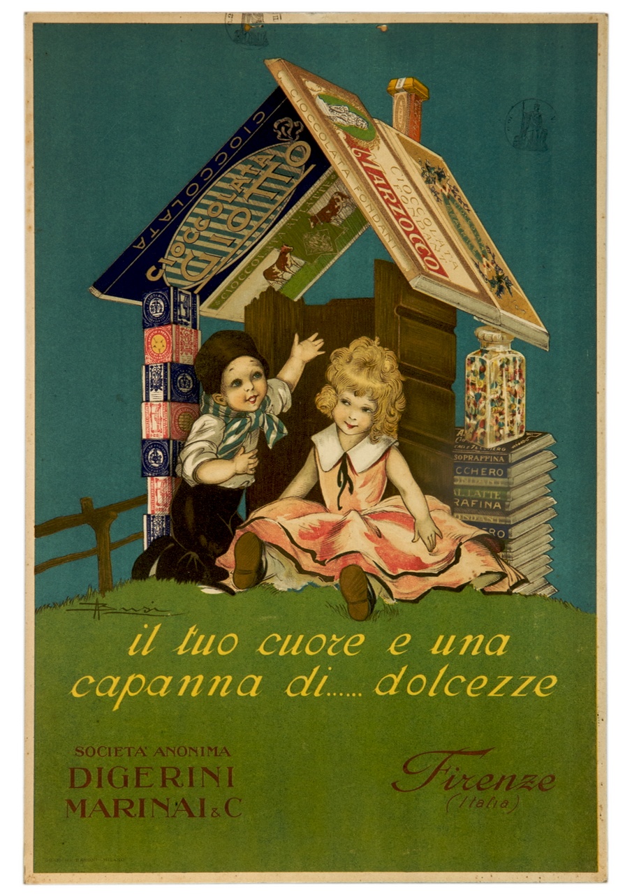 due bambini sotto una capanna di dolciumi (locandina) di Busi Adolfo (sec. XX)