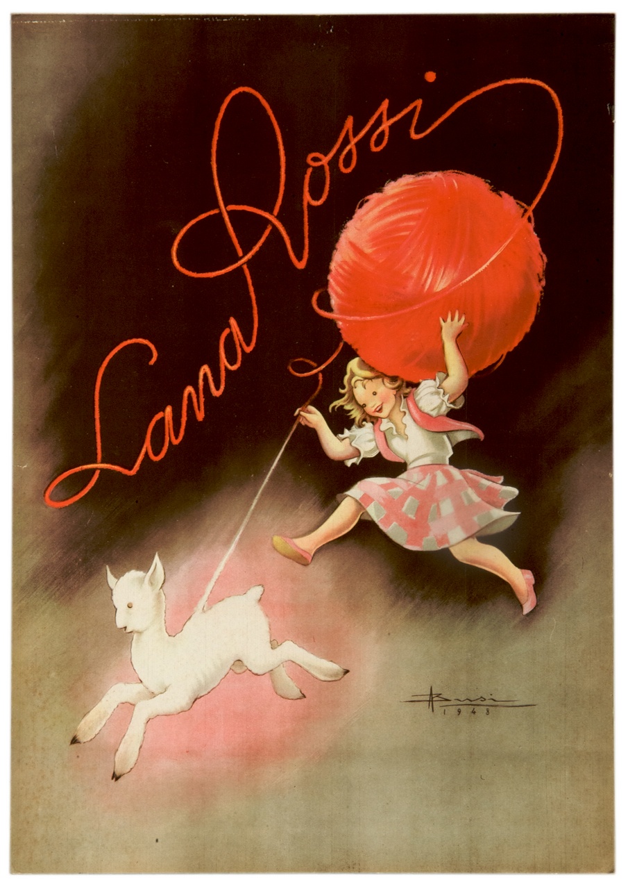 bambina gioca con un agnello e un gomitolo di lana (locandina) di Busi Adolfo (sec. XX)