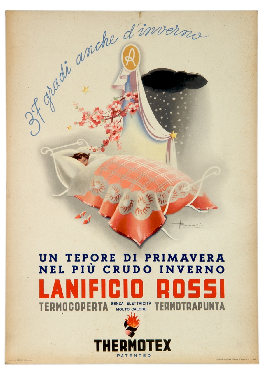 bambina a letto con nevicata sullo sfondo (locandina) di Busi Adolfo (sec. XX)