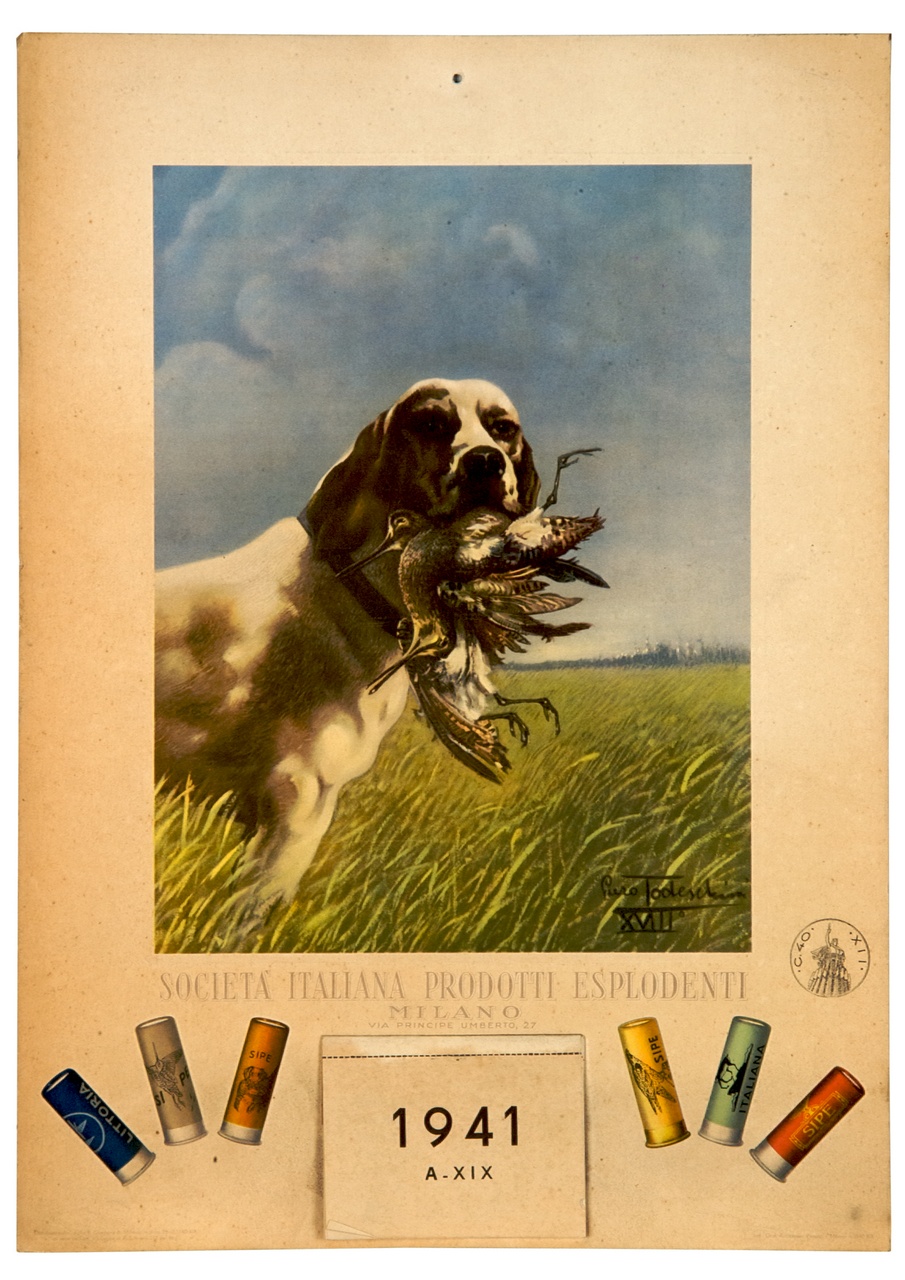 cane con uccello in bocca in paesaggio campestre (calendario) di Todeschini Piero (sec. XX)