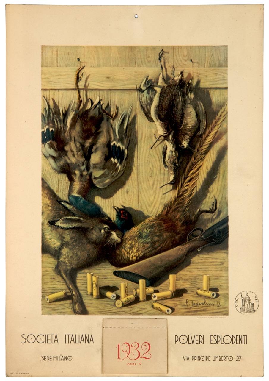 natura morta di selvaggina e arma da fuoco con munizioni (calendario) di Todeschini Piero (sec. XX)