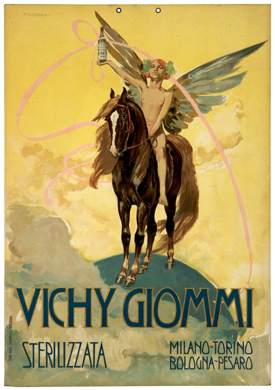 fanciullo alato innalza una bottiglia di acqua in groppa a un cavallo (locandina) di Dudovich Marcello (sec. XX)