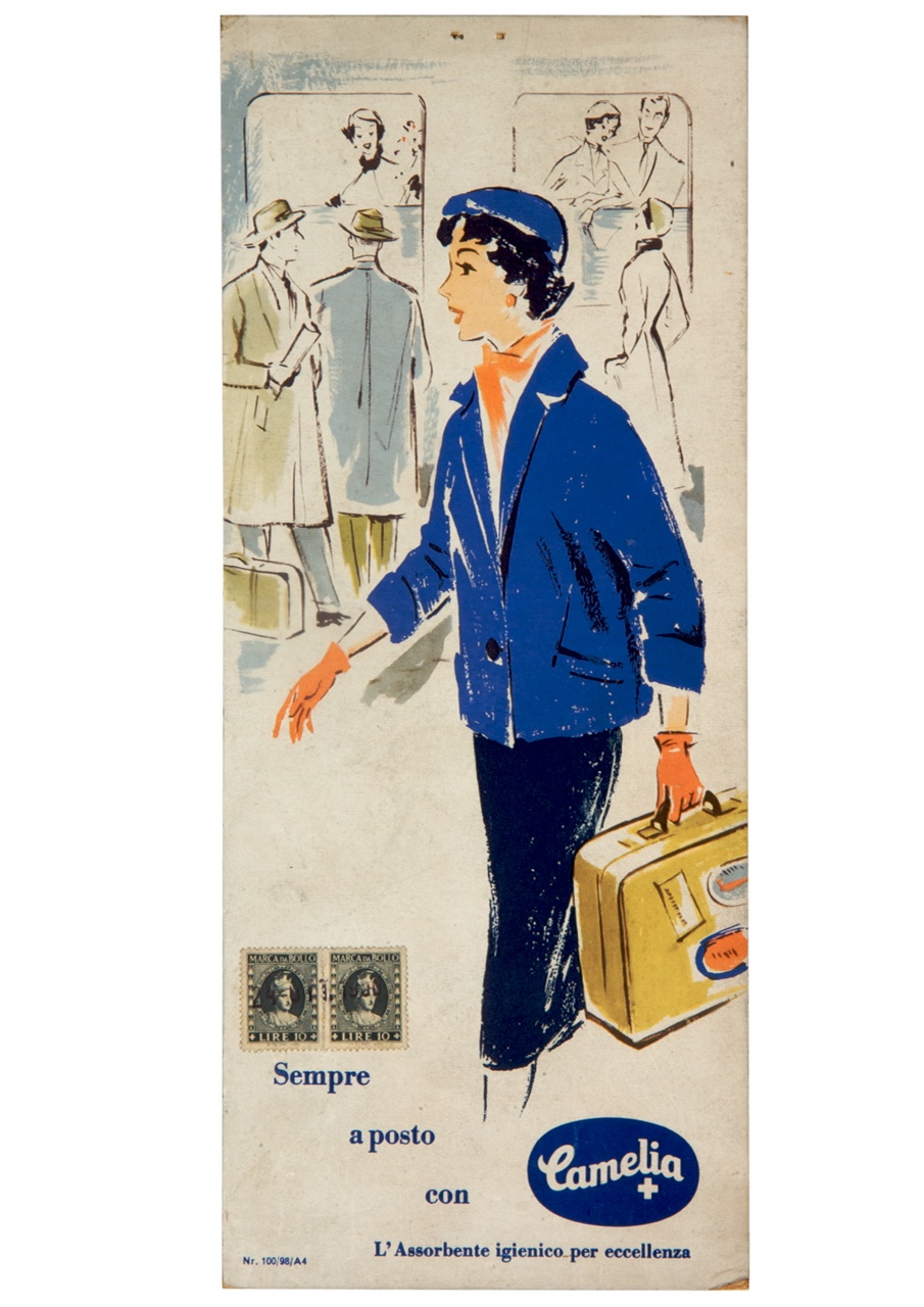 donna con valigia alla stazione ferroviaria (locandina) - ambito italiano (sec. XX)