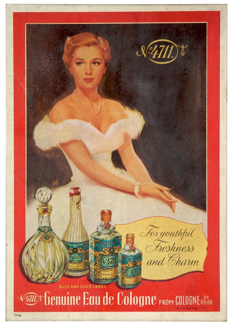 donna seduta in abito da sera bianco e boccette di acqua di colonia (locandina) - ambito tedesco (sec. XX)