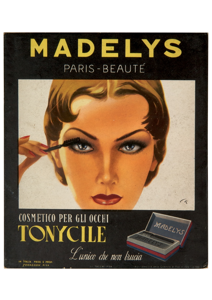 donna truccata mette cosmetico su occhi (locandina) - ambito italiano (sec. XX)