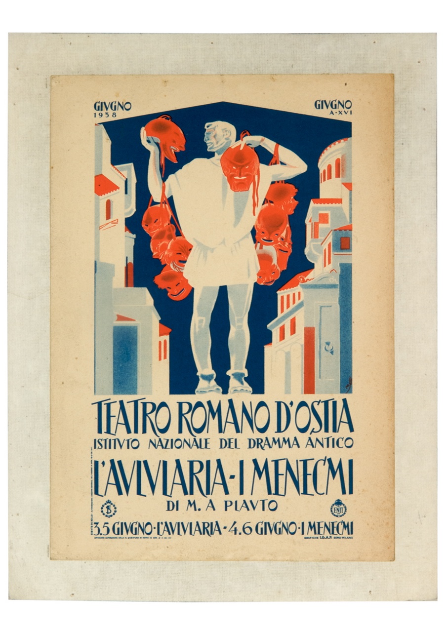 attore con maschere tragicomiche tra architetture (locandina) di Cambellotti Duilio (sec. XX)