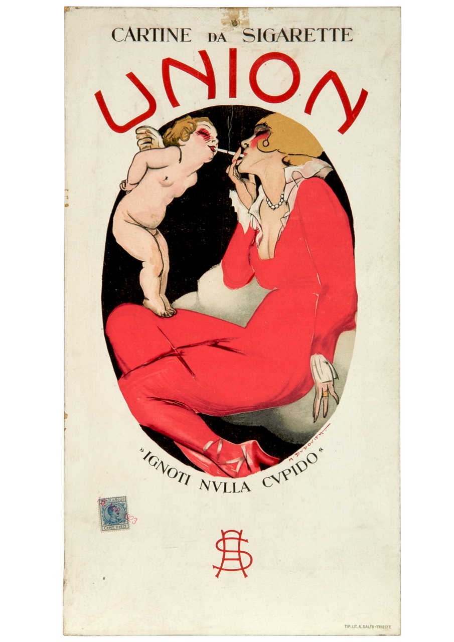 donna accende la sigaretta da quella fumata da un putto alato (locandina) di Dudovich Marcello (sec. XX)