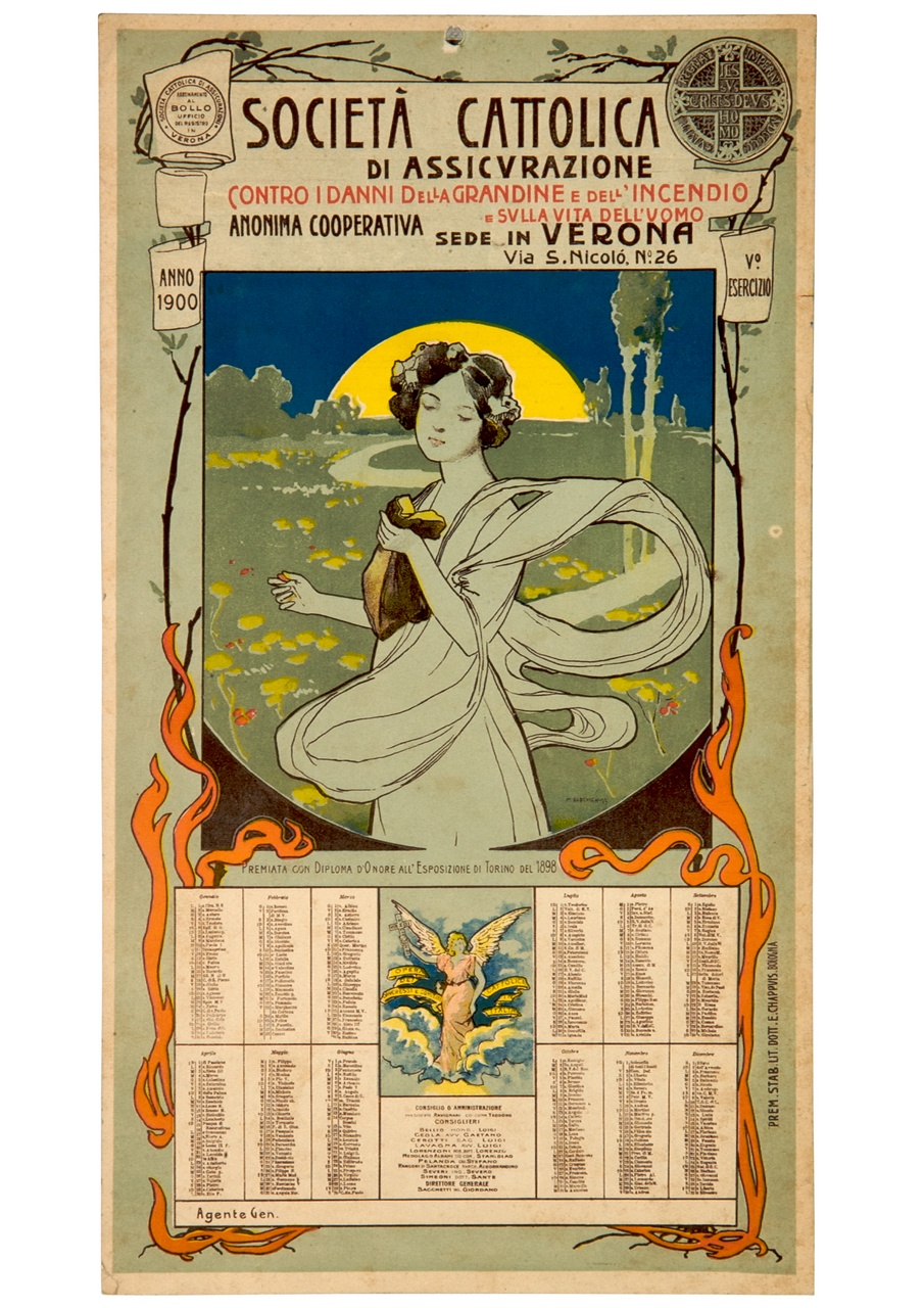 donna con sacchetto in una mano e moneta nell’altra sullo sfondo di un paesaggio campestre al tramonto (calendario) di Dudovich Marcello (sec. XIX)