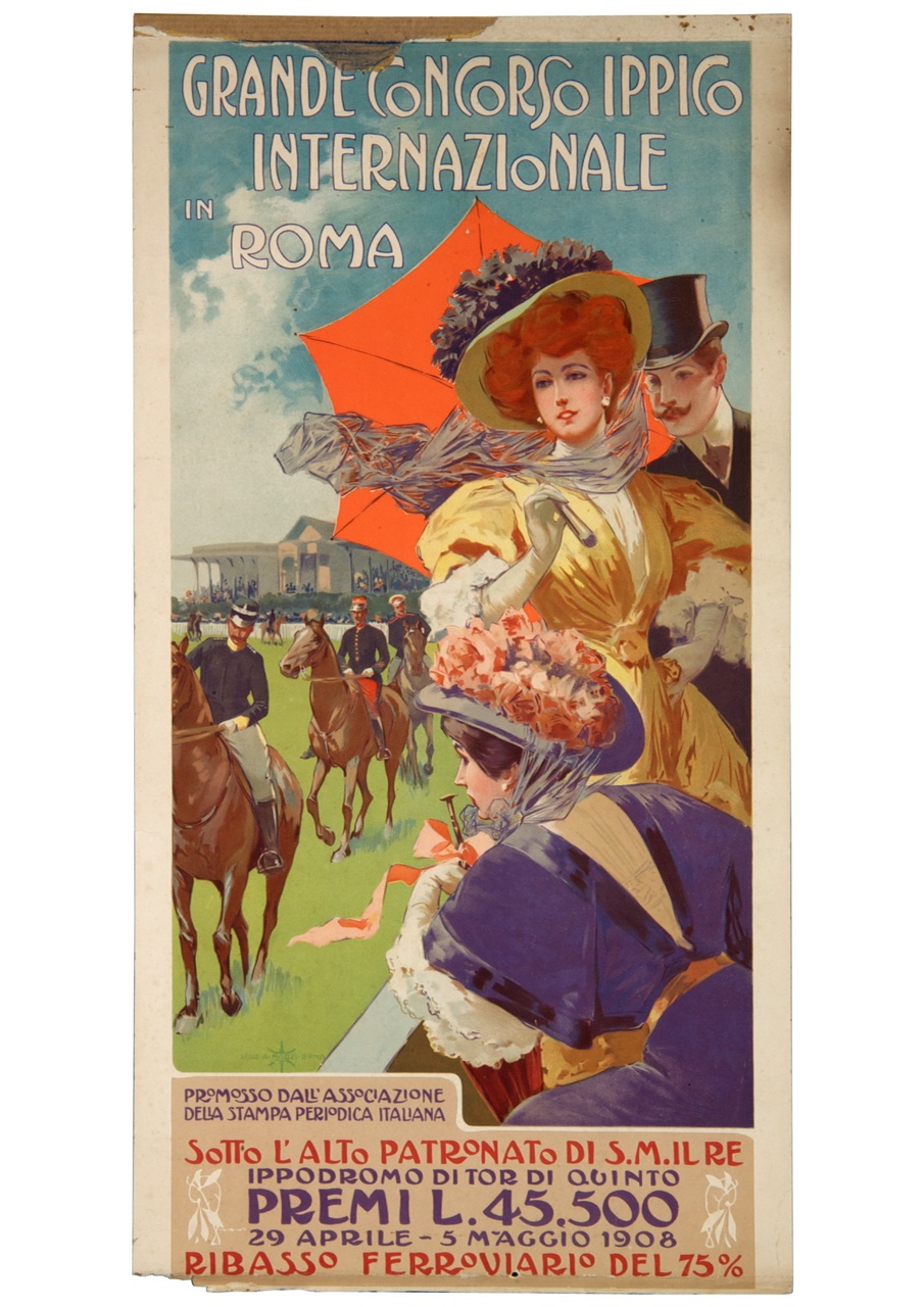 spettatori in ippodromo assistono a una sfilata equestre (locandina) - ambito italiano (sec. XX)