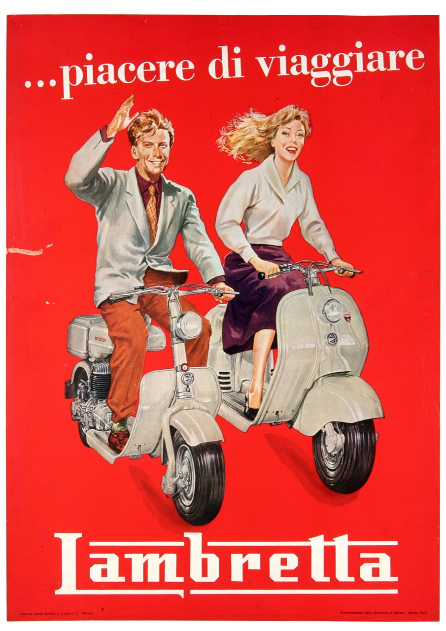 uomo e donna alla guida di due lambrette (locandina) - ambito italiano (sec. XX)