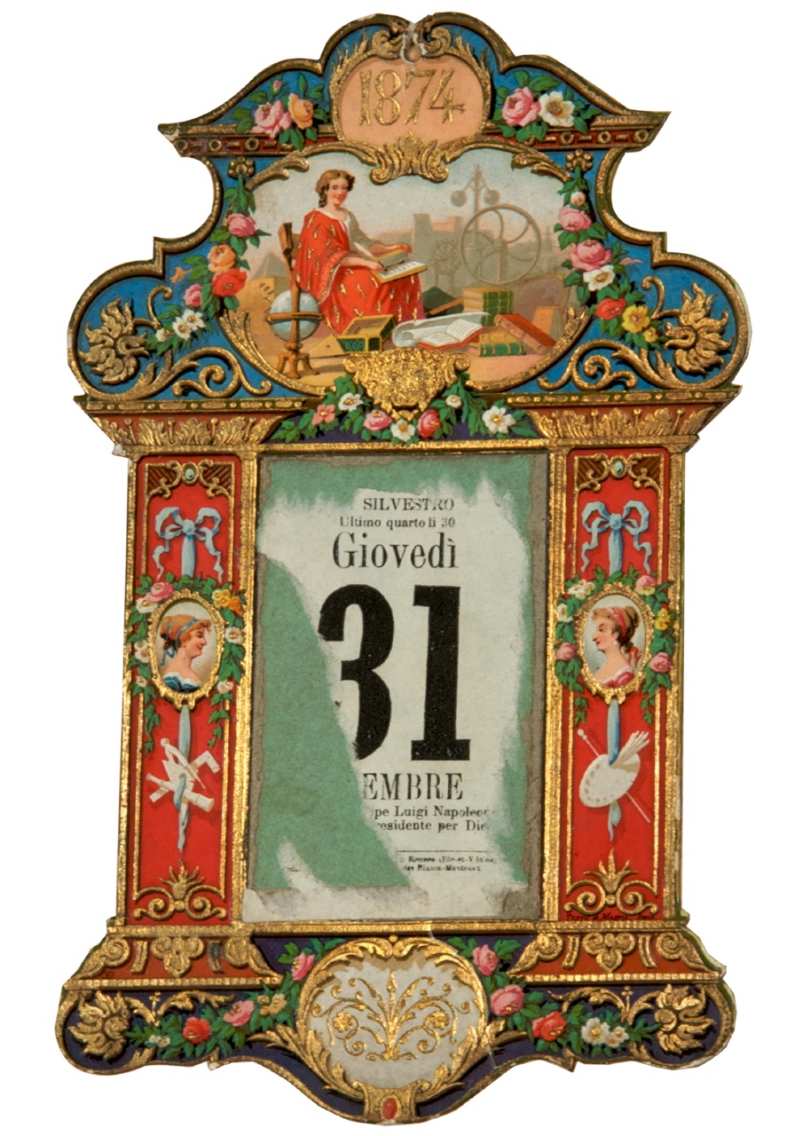 scena allegorica entro cornice con festoni di fiori e busti femminili (calendario) - ambito italiano (sec. XIX)