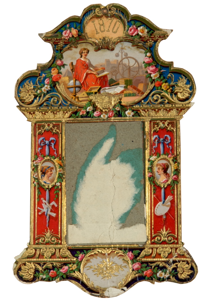 figura allegorica femminile tra volumi e strumenti scientifici entro cornice (calendario) - ambito italiano (sec. XIX)