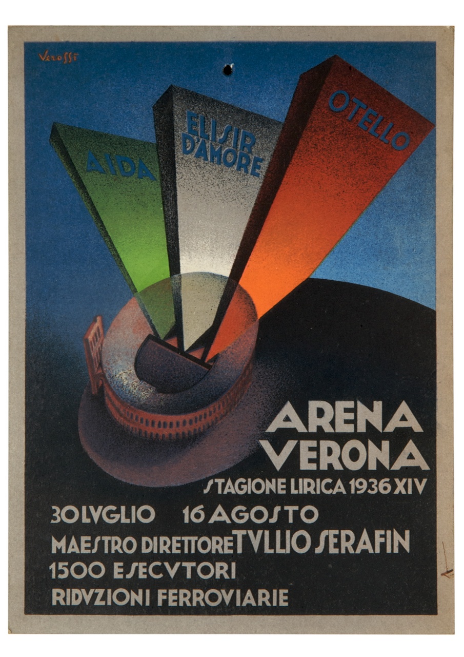 Arena di Verona vista di notte dall'alto con tre fasci di luce tricolore (locandina) di Siviero Albino detto Verossi (sec. XX)