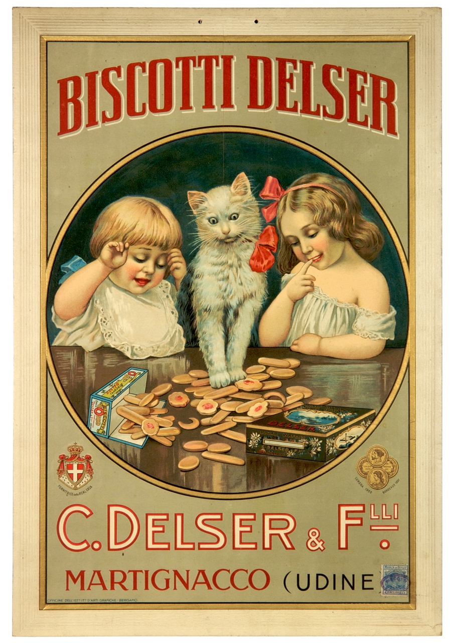 Due bambini e un gatto che osservano i biscotti sparsi su un tavolo (locandina) - ambito italiano (primo quarto sec. XX)