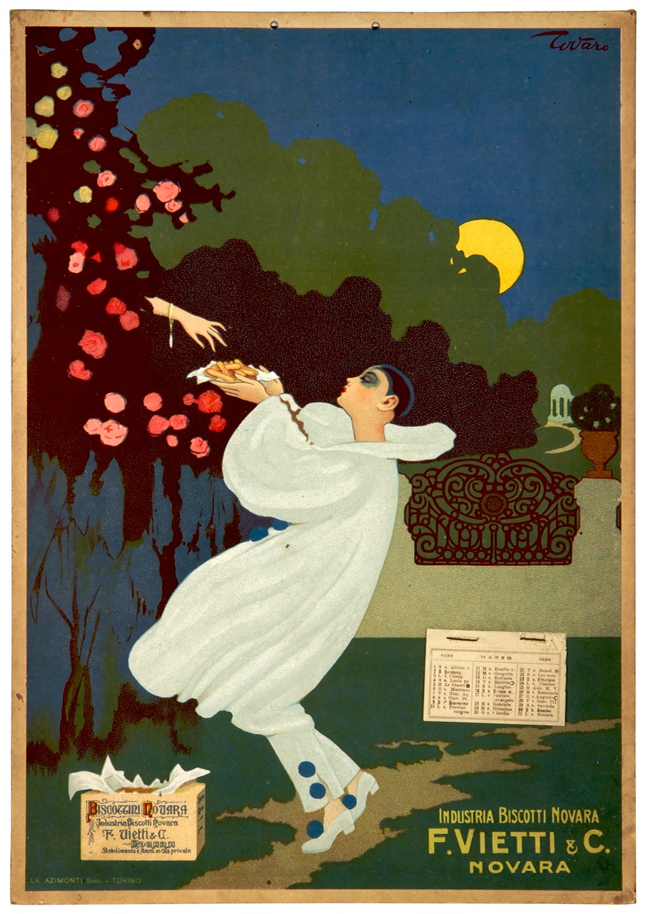 Pierrot offre biscotti a una mano che emerge da un cespuglio di rose in un giardino al chiaro di luna (calendario) di Tovaro - ambito italiano (sec. XX)