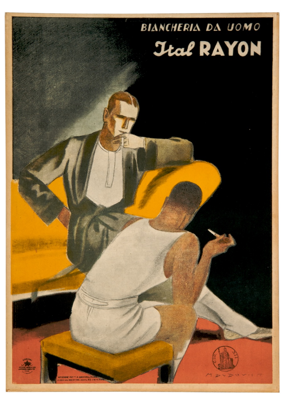 uomo in vestaglia seduto parla con uomo in biancheria intima seduto (locandina) di Dudovich Marcello (sec. XX)