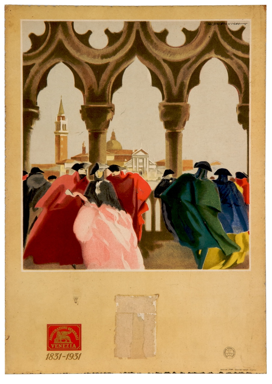 Fantasia veneziana, personaggi in maschera sul loggiato di Palazzo Ducale con l'isola di San Giorgio Maggiore sullo sfondo (calendario) di Dudovich Marcello (sec. XX)