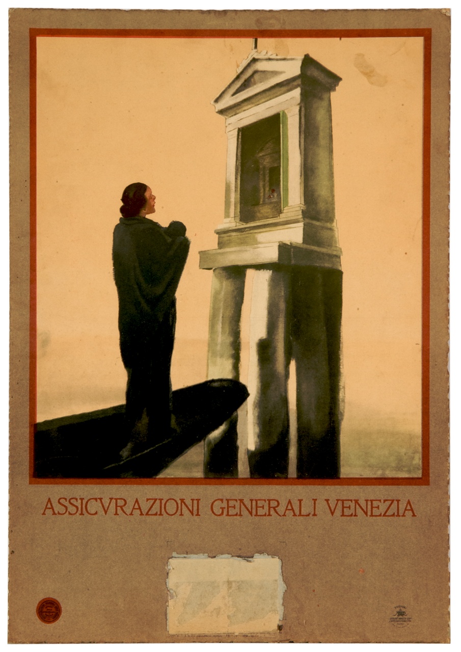 Preghiera in Laguna davanti al Capitello, donna in piedi su una barca davanti a una cappella su una briccola (calendario) di Dudovich Marcello (sec. XX)