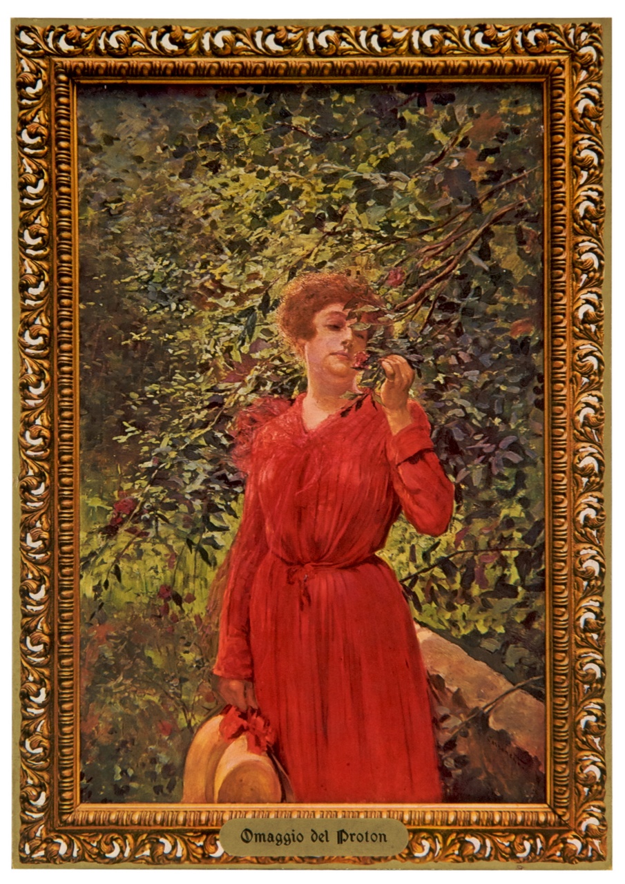 ritratto di donna in abito rosso vicino ad arbusto fiorito (locandina) - ambito italiano (sec. XX)