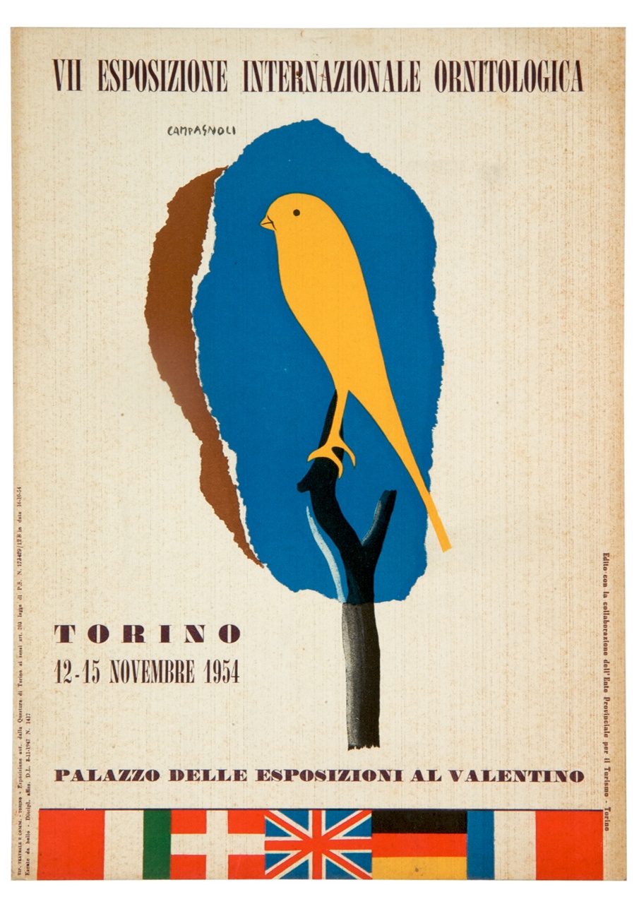 uccello appollaiato su un albero e bandiere di Stati europei (locandina) di Campagnoli Adalberto (sec. XX)