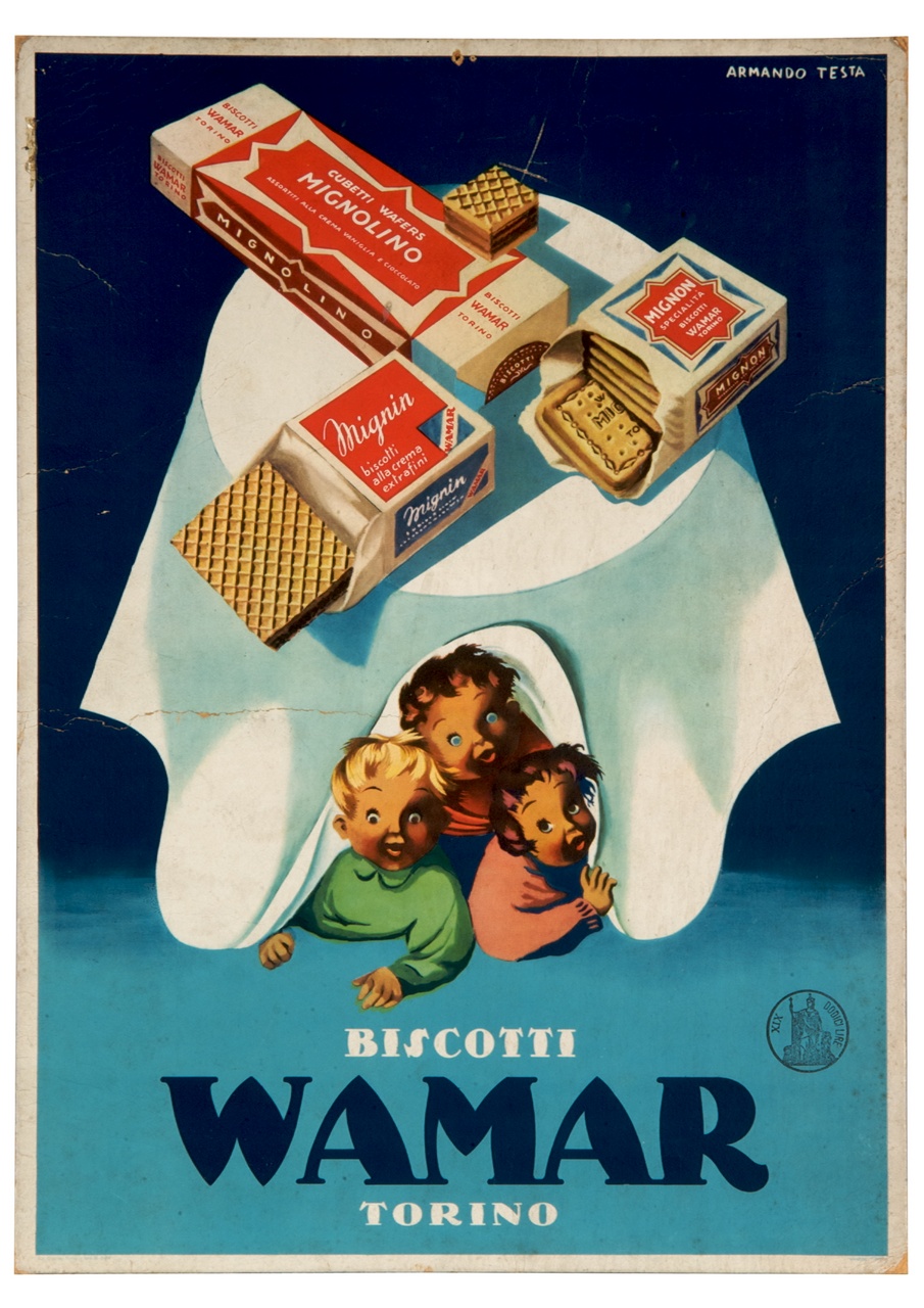 tre bambini sotto un tavolo con confezioni di biscotti (locandina) di Testa Armando (sec. XX)
