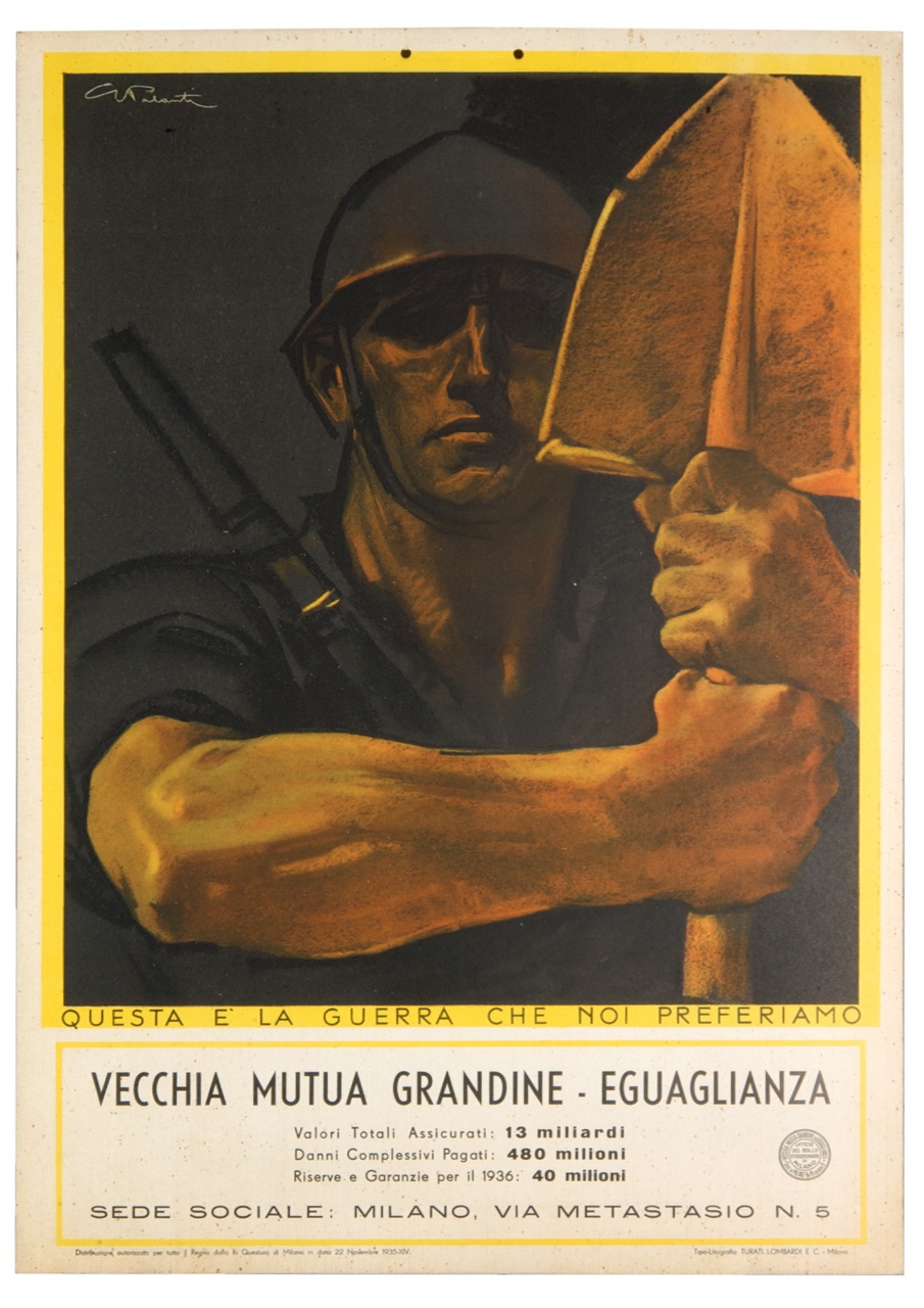 Soldato che impugna una vanga con le due mani (calendario) di Palanti Giuseppe (sec. XX)
