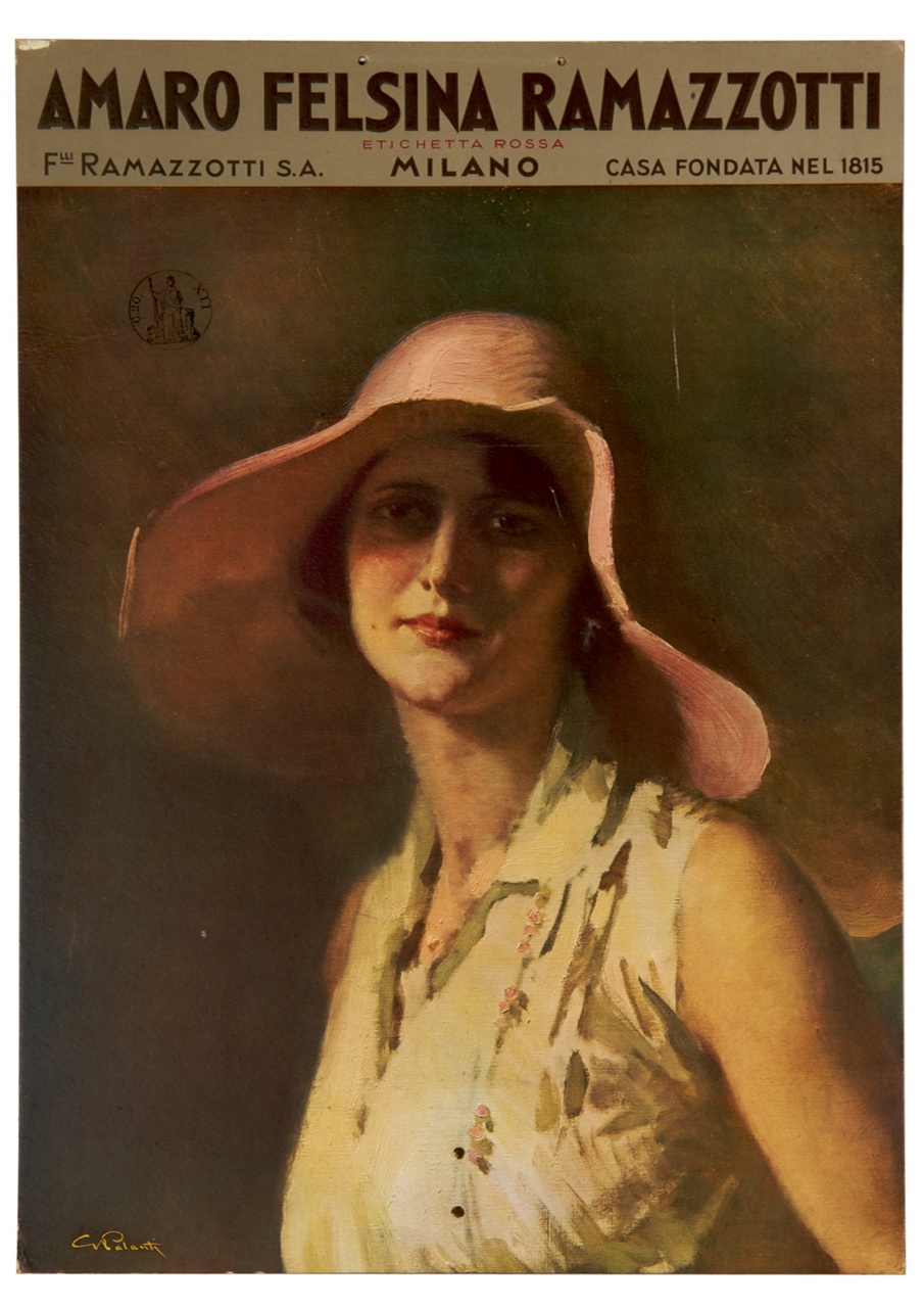 Ritratto di donna a mezzo busto con cappello a tesa larga (calendario) di Palanti Giuseppe (sec. XX)