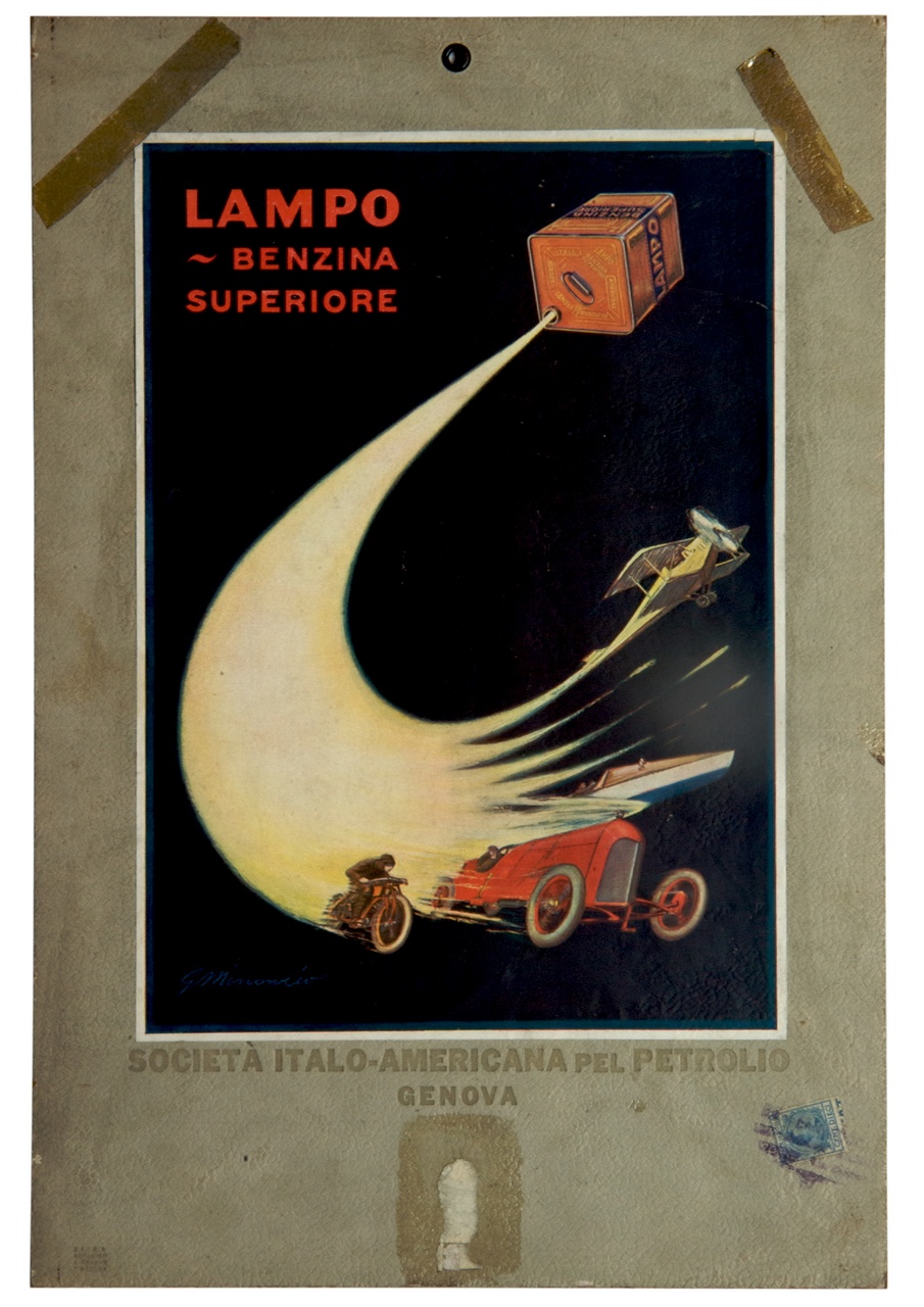 motocicletta, automobile, motoscafo e aeroplano lanciati dalla benzina fuoriuscita dalla tanica (calendario) di Minonzio Giuseppe (primo quarto sec. XX)